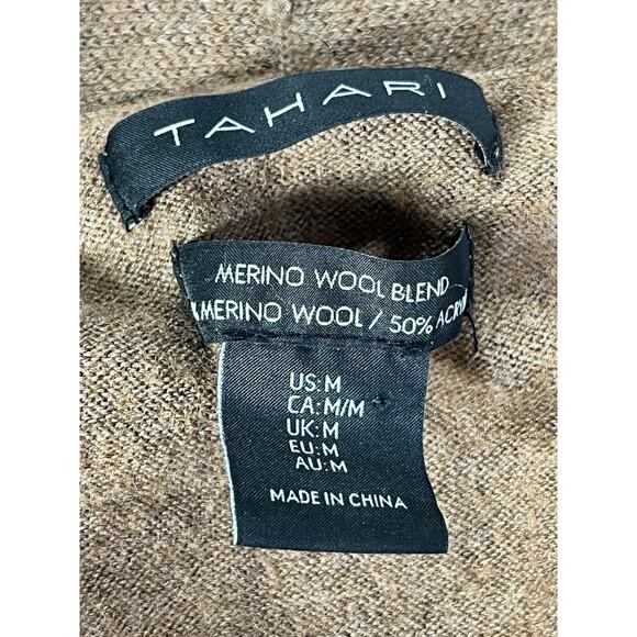 Tahari Merino Wool Blend Cardigan Womens Medium Mocha Brown Open Knit Sweater - Picture 7 of 9